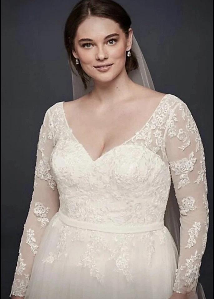 DAVIDS BRIDAL Ivory Wedding Dress 9WG3831 A-Line V-Neck Long Sleeve Illusion 18W - Image 3 of 4
