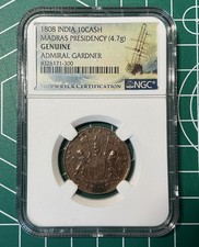 1808 India 10 Cash Madras Presidency Admiral Gardner Coin NGC Genuine 4.7g Premo