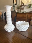 Vintage Fenton Hobnail Milk Glass Bowl (Pre-Logo) And EO Brody Co. Vase