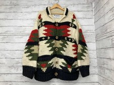KANATA Knit Cardigan Cowichan 100 pure Wool Beige x Red x Gree Made in Canada
