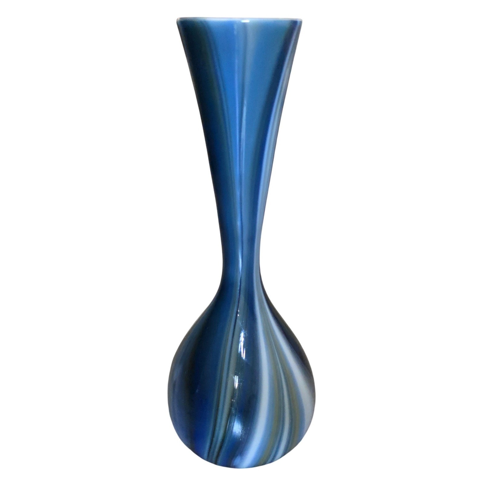 Avalos Mexican Art Glass Tall Bud Vase Blue White Swirl Hand Blown 12.5 Inch VTG