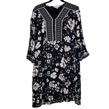 Garnet Hill Black Floral Print V Neck 3/4 Sleeve Dress Women Size L