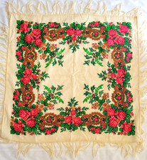 ​Vintage Russian Wool Shawl Pavlovo Posad Style Pink Roses Cream Floral Scarf