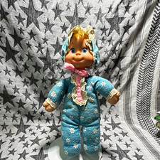 Baby Doll Blonde Straight Hair Blue Eyes Light Complexion Blue Hooded Sleeper