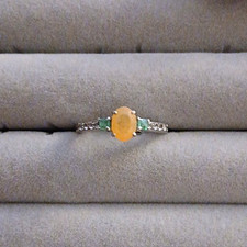 Oval Natural Yellow Opal Emerald Trilogy Ring Silver Prong Set Size N