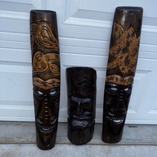 Vintage Set of 3 Large Hand Carved Wood Tribal Masks Wall Art Tiki Decor 29  19  