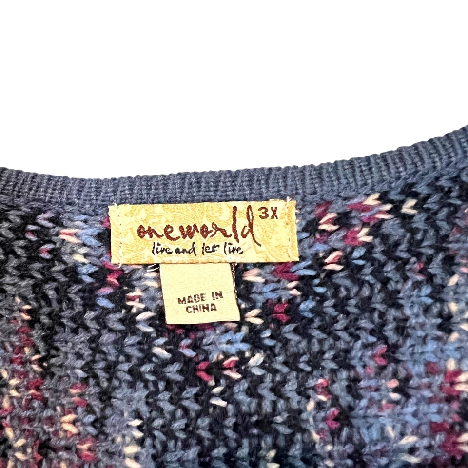 Cárdigan suéter boho One World para mujer 3X New Wave azul tejido azteca frente abierto Foto 2 de 4