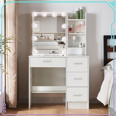 White Vanity Desk with LED Lighted Makeup Mirror and Drawers Modern Dresser