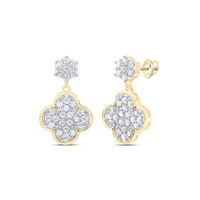 0.32 Ctw Natural Diamond Flower Clover Leaf Drop Earrings 14kt Yellow Gold