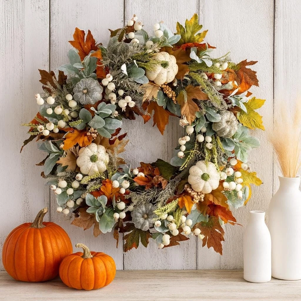 Fall Peony & Pumpkin Large Wreath: Farmhouse Autumn Door Garland
