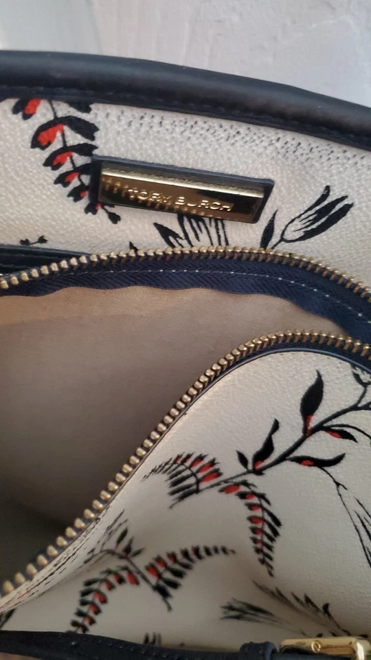 Дизайнерский красный белый и синий Tory Burch цветочный полоски сумка с короткими ручками - Изображение 4 из 4