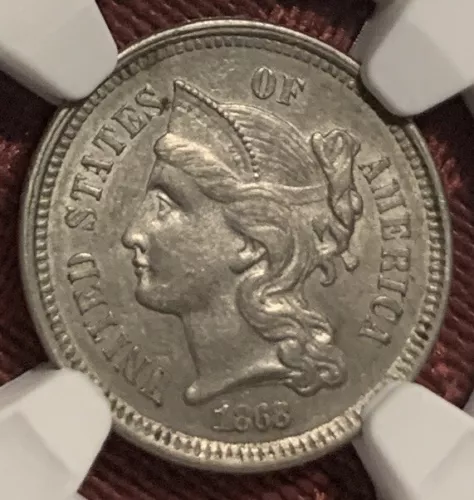 1868 Three Cent Nickel - NGC AU 58