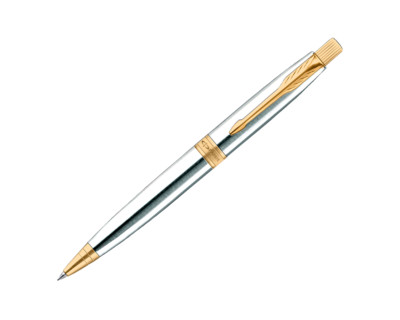 Parker Aster Shiny Chrome Ball Point Pen Gold Trim GT Blue Ink Gift Box Jotter