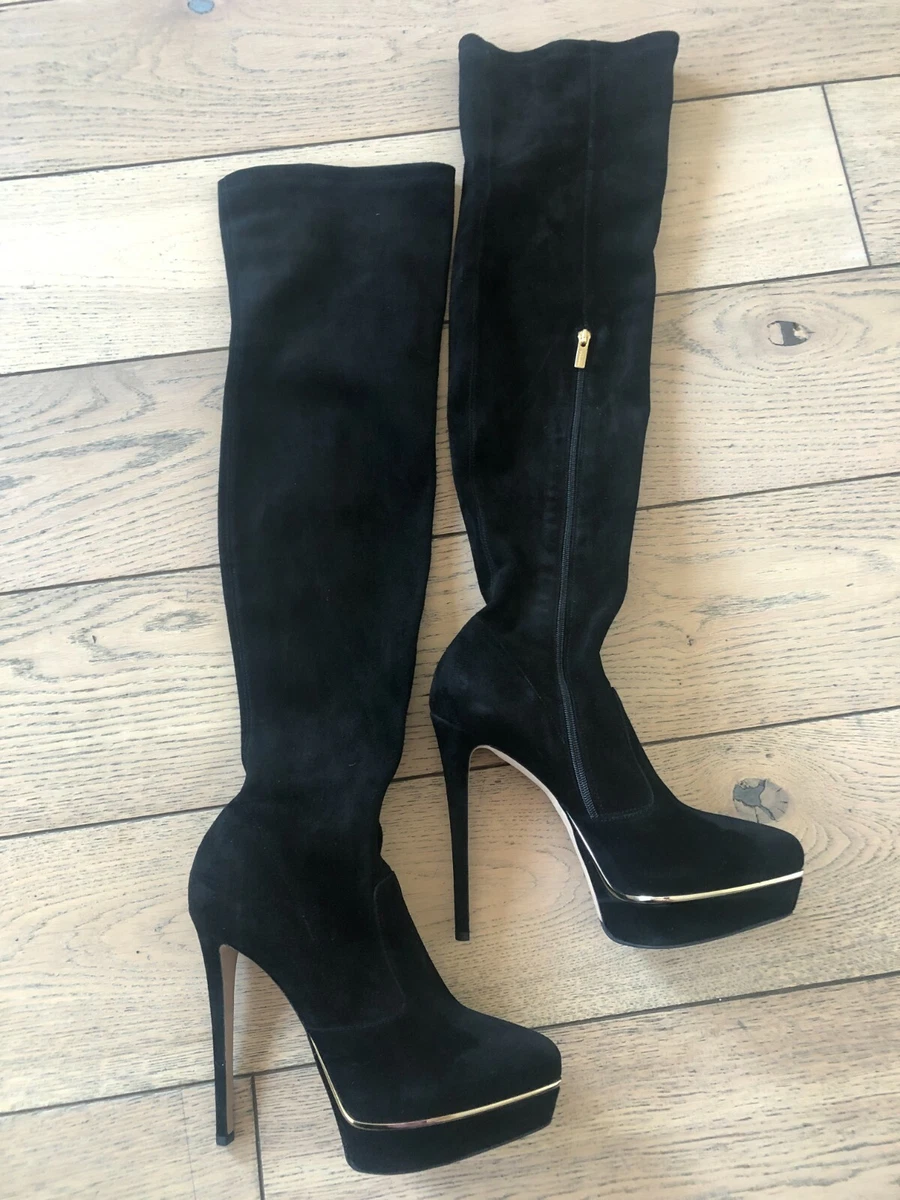 Le Silla Stretch Suede Platform Mirror Knee High Boots Pointed Toe