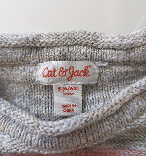 CAT & JACK Girl's Pink Grey Striped Sweater w/ Sparkles Pullover Knit Size 6/6X - Picture 4 of 15