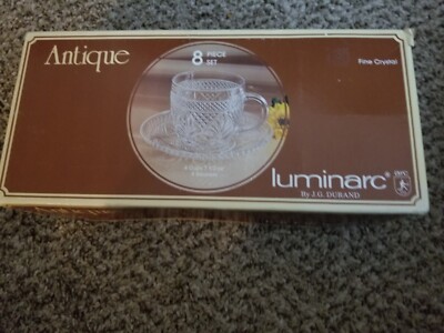 Durand Glass Luminarc Antique Cup & Saucer Fine Crystal 8 Piece Set Made in USA