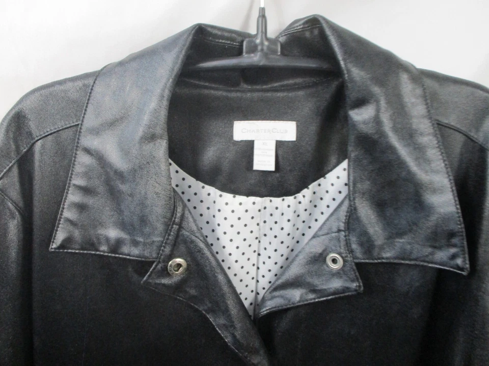 Abrigo Charter Club Mujer XL Negro Imitación Cuero Botón Manga Larga Cuello Poliéster Foto 2 de 4