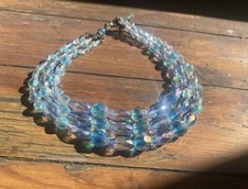 Vintage 3 Strand Blue Aurora Borealis Iridescent Beaded Necklace