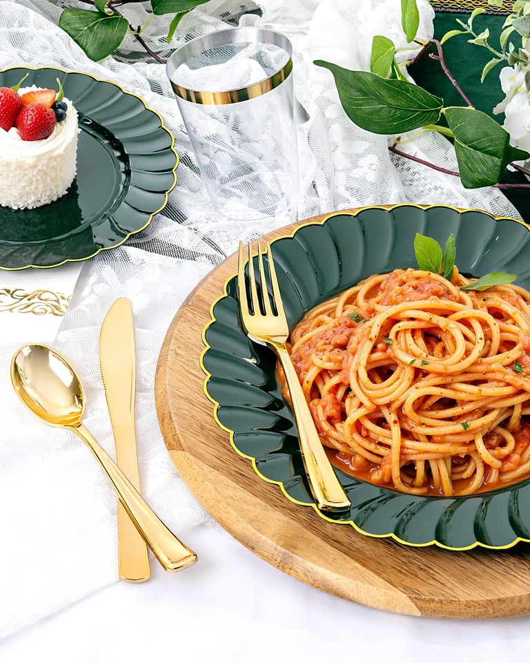 175 ШТ. Зеленые Волнистые Пластиковые Тарелки - Зеленая и Золотая Одноразовая Столовая посуда... - Изображение 3 из 4