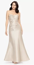 NWT Betsy  Adam Champagne Mikado Sz 12 Strapless 3D Floral Mermaid Gown 320