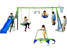 Sports Outdoor 8 Station Playground Set Swing, Slide, Basketball, Monkey Bars.