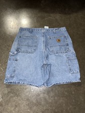 Vintage Carhartt R28 DST Mens 36 Blue Denim Carpenter Shorts Distressed Workwear