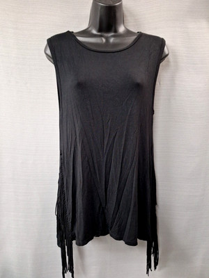 American Eagle AEO Soft & Sexy Black Tank Top Sleeveless Side Slits Fringe Sz S