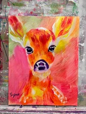 GUAJARDO Original Abstract Colorful Baby Christmas Deer 14X11 Paper Signed Art