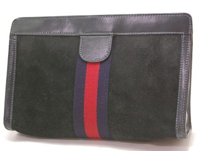 Auth GUCCI Suede Sherry Line Clutch Bag Pouch Black 0609a