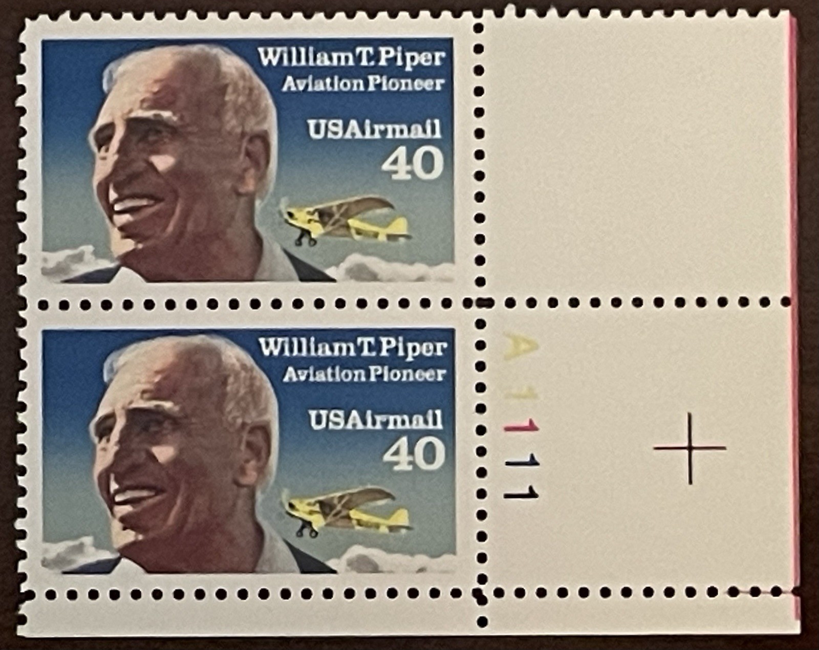 US Scott C129 1991 40c William T Piper Airmail Plate No. Corner Pair MNH OG ~ VF