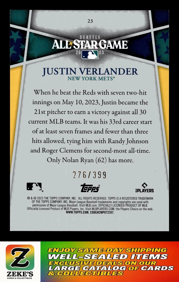 2023 Topps All-Star Game Gift with Purchase #23 Justin Verlander Black #/399 - Image 2 of 2