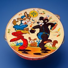 Vintage Toy Tin Litho Cartoon Children Tambourine JAPAN  1960s TN Nomura