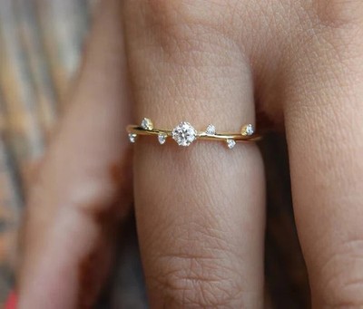 1TCW Round Cut Moissanite Dainty Wedding Engagement Ring 14k Yellow Gold Plated