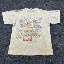 Coca-Cola T-Shirt Mens Size L Cream Vintage Logo 7 Sports USA Made Stained