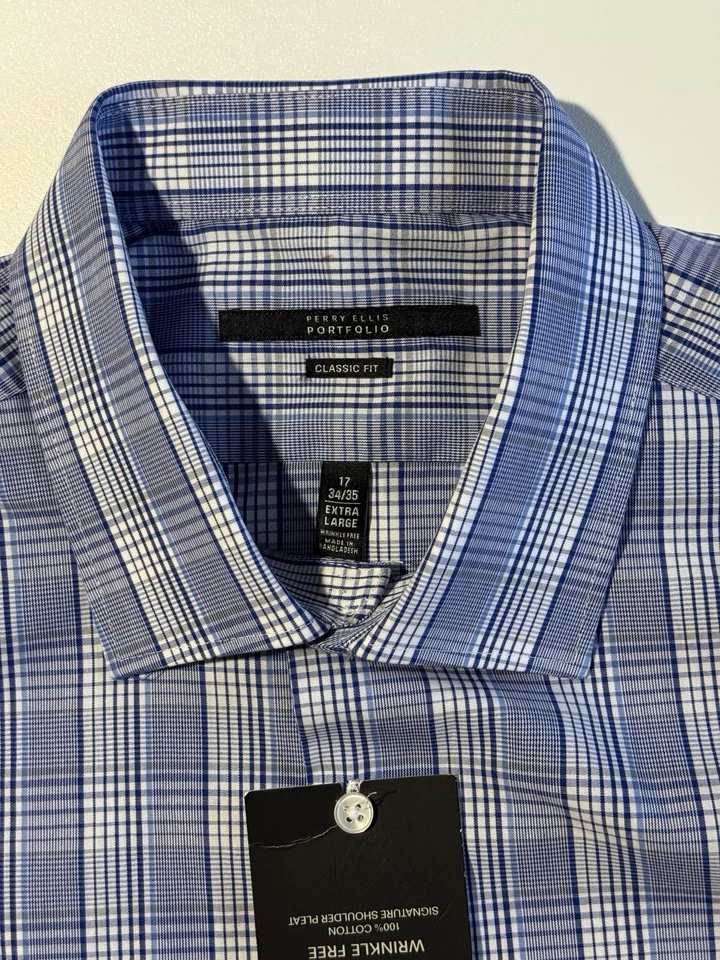 NWT PERRY ELLIS PORTFOLIO NO WRINKLE CLASSIC DRESS SHIRT BLUE PLAID 17 34/35 - Image 2 of 4