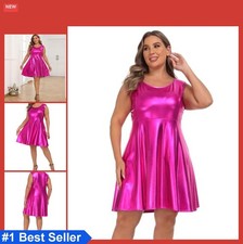 Metallic Alien Costume Dress Plus Size Fit Flare Sleeveless Round Neck Silver