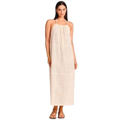 Vitamin A Women's Eyelet Halter Maxi Cover Up Dress Off-White Cotton Linen Blend