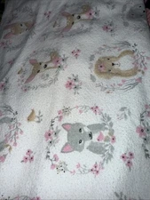 White Woodland Animal Flannel Baby Pink Blanket Crochet Border Cottage Lovey-