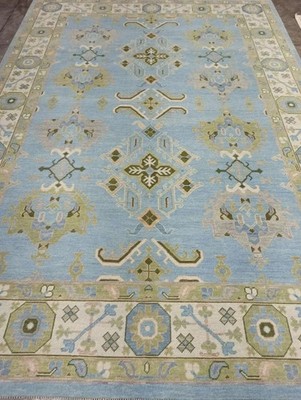 Hand Knotted Oushak Rug Blue Wool Area Rug Vintage Turkish Carpet