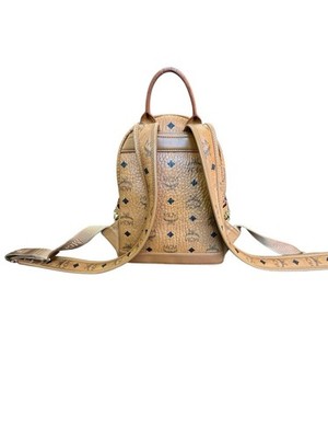 MCM Visetos Side Studs Small Backpack Camel Brown Leather Logo 