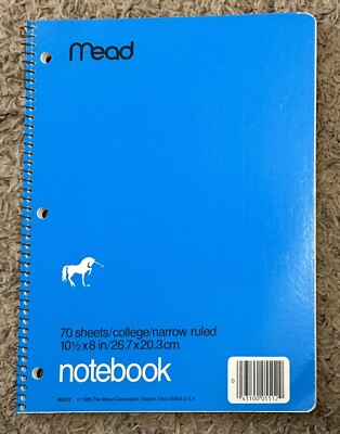 Vintage Mead 1985 College Ruled 70 Sheet Spiral Notebook Unicorn