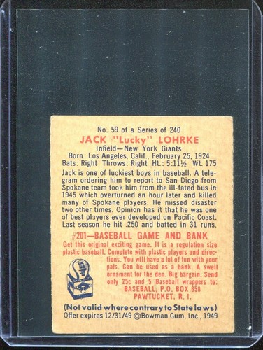 Bowman Baseball 1949 #59 Jack Lohrke (EX) excelente - Imagen 2 de 2