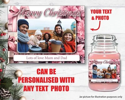 Christmas PERSONALISED PHOTO Candle Label Sticker YANKEE INSPIRED Pink Xmas 221
