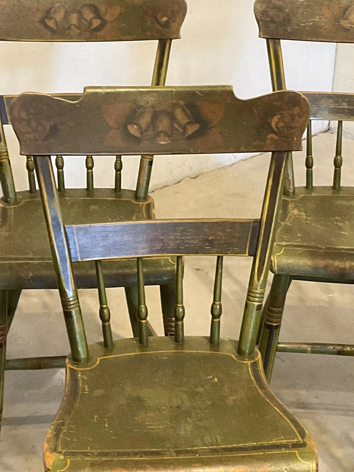 six green lancaster county plank seat paint decorated chairs - Image 3 of 4