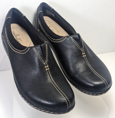 Clarks Womens Ashland Joy Loafer Black Leather Slip-On Ortho Clog Shoes  SIZE