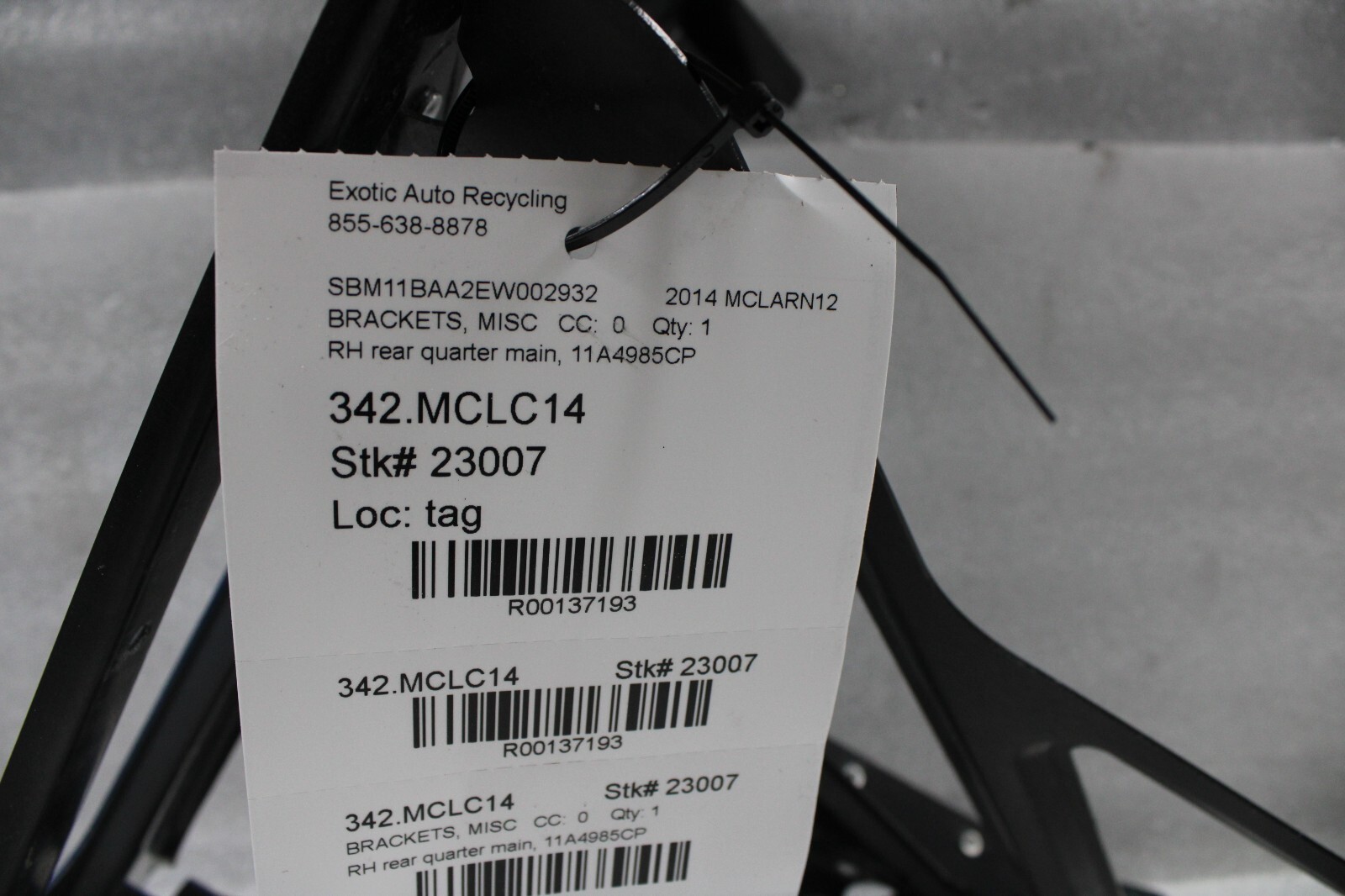 McLaren MP4-12C, RH, Right, Rear Quarter Main Bracket, Used, P/N 11A4985CP
