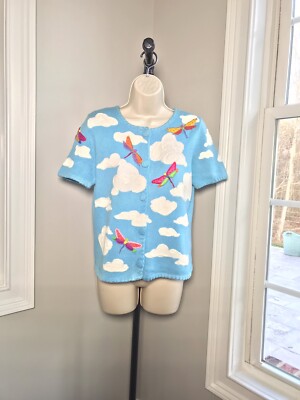 Vintage Michael Simon Dragonflies & Clouds Cardigan Sweater ~ Women s Small