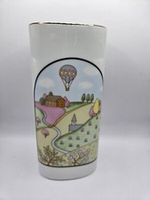 Vintage Porcelain Small Oval Vases w/Landscape Illustration Japan