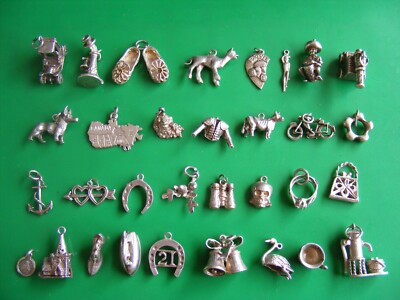 I) VINTAGE STERLINGSILBER CHARMS CHARM PLAPPER LLAMA AUTO ANKER SCHÄDEL 21 GLOCKEN
