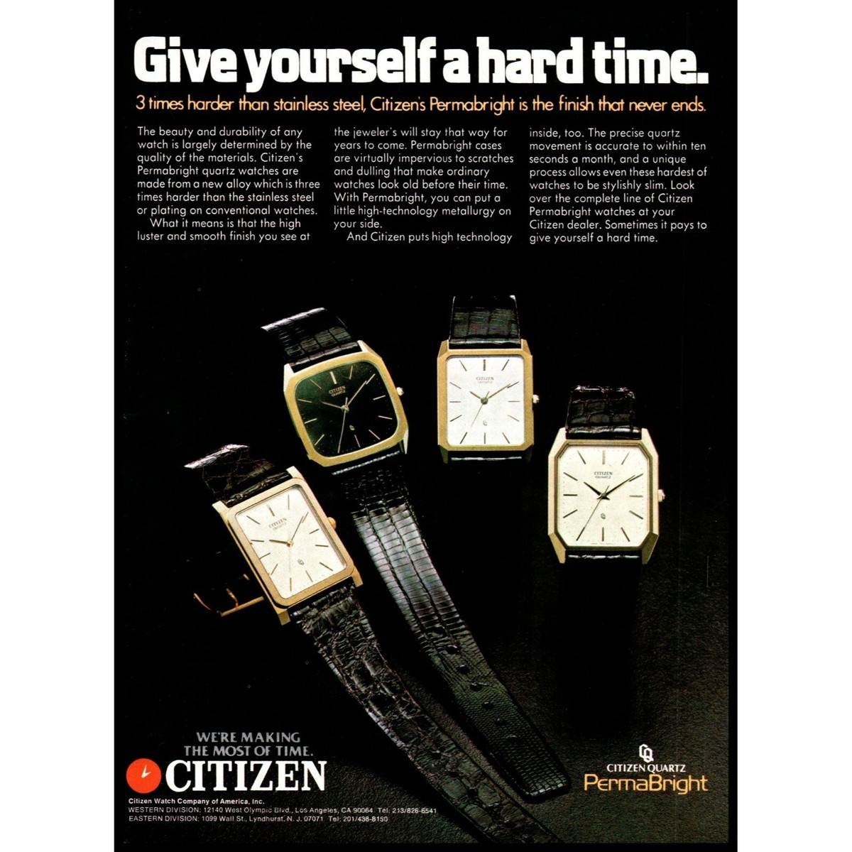 1982 Citizen Permabright Quartz Watch Vintage Print Ad Jewelry